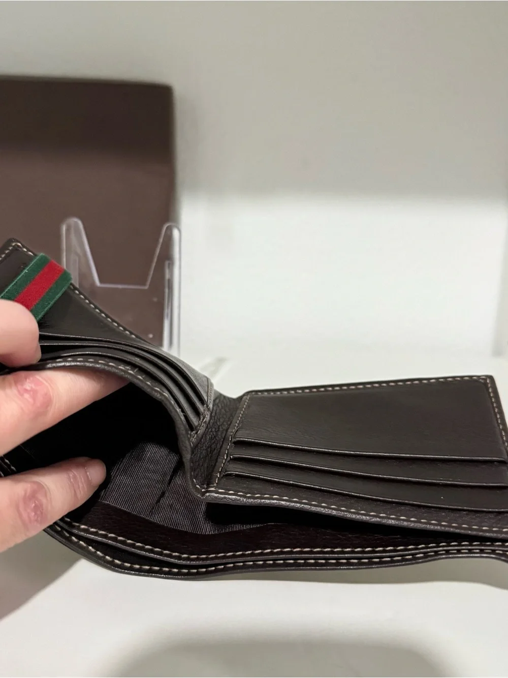 Gucci Beige Brown GG Supreme Canvas Money Clip with Green-Red Web